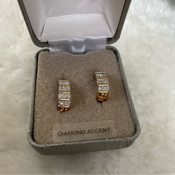 Diamond Accent 18 kt Yellow Gold Over Sterling Silver Pierced Earrings - Picture 2 of 11